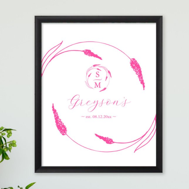 Unik Vibrant Rosa Bröllop-tecken och -keepsaké Poster (Pink wedding theme ideas features unique floral line art by Victoria Grigaliunas of Do Tell A Belle)