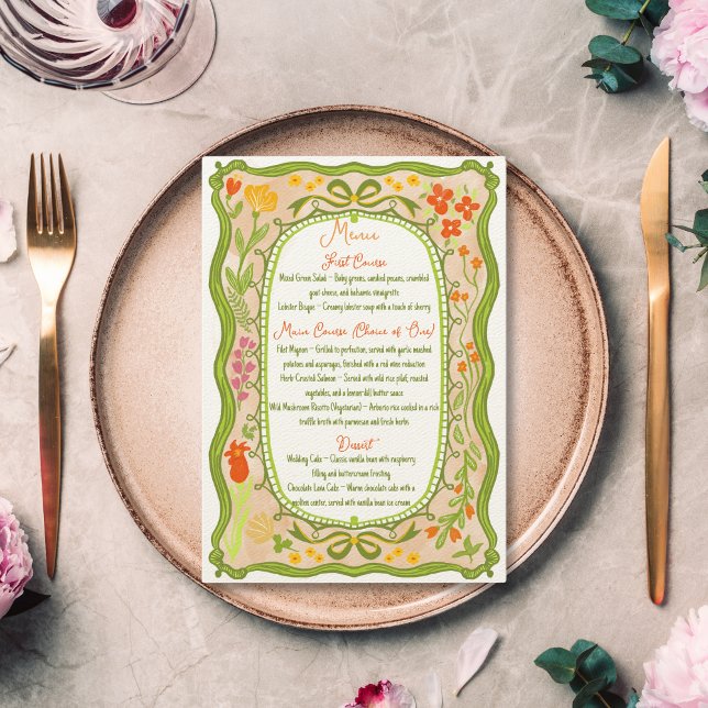 Unik vimatisk Blommigt Bow Doodle Hand plockade Meny (quirky floral hand drawn colorful wedding menu)