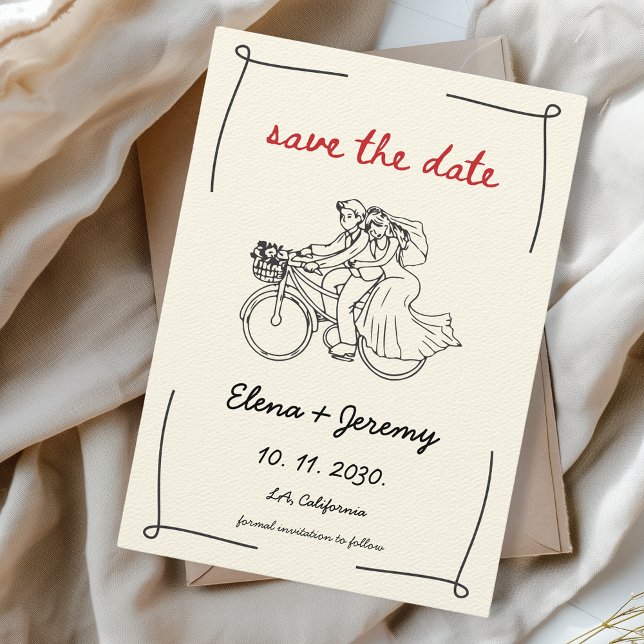 Unik vimisk motorcykel Hand plockade Bröllop Spara Datumet (Hand Drawn Wedding Save the Date Nothing Fancy just Love Motorcycle Bike Cute Whimsical Quirky)