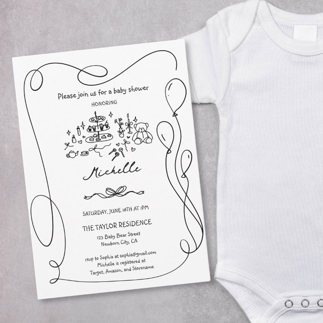 Unik vismisk babystövel i Hand plockade Inbjudningar (Cute Whimsical Hand Drawn Bear Baby Boy Shower Invitation with balloons frame)