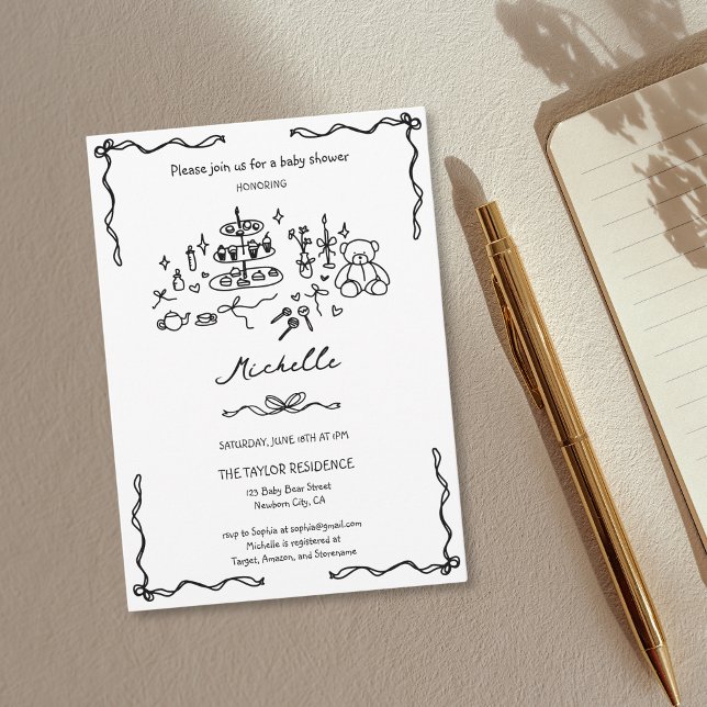 Unik vismisk babystövel i Hand plockade Inbjudningar (cute whimsical hand drawn doodle for baby shower invitation with cake, cookies, teddy bear, tea...)