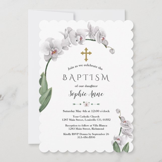 Unik vit orchid Flowers Guld Girl Baptism Inbjudningar (Framsida)