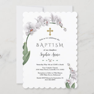 Unik vit orchid Flowers Guld Girl Baptism Inbjudningar