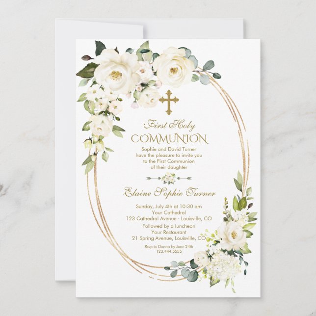 Unik Vita blommor Guld First Heliga Communion Inbjudningar (Framsida)
