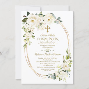 Unik Vita blommor Guld First Heliga Communion Inbjudningar