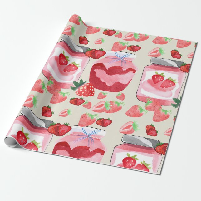 Unik Watercolor Red Strawberry Sylt Presentpapper (Utrullad)