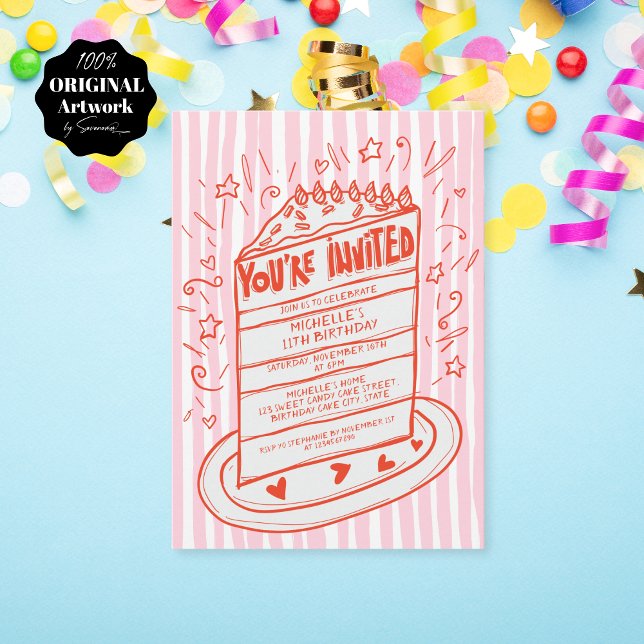 Unik Whimsical Hand plockade Doodle Birthday Cake Inbjudningar (Skapare uppladdad)