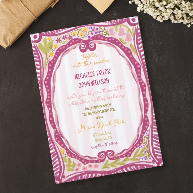 Unik Whimsisk Blommig Särpräglad Äng Handritad  Inbjudningar (Unique Whimsical Floral Quirky Doodle Hand Drawn Invitation)