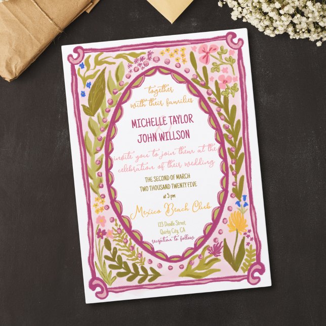 Unik Whimsisk Blommig Särpräglad Klotter Handritad Inbjudningar (Unique Whimsical Floral Quirky Doodle Hand Drawn Invitation)