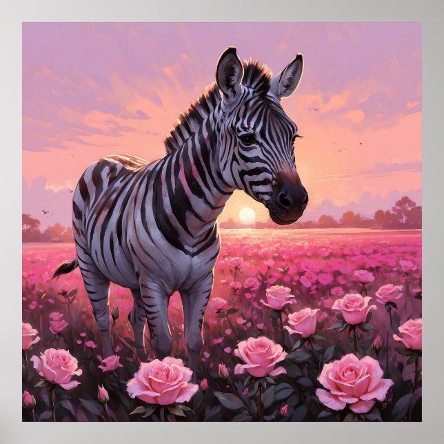 Unik Zebra-målning i Rosa ros Fält Poster (Framsidan)
