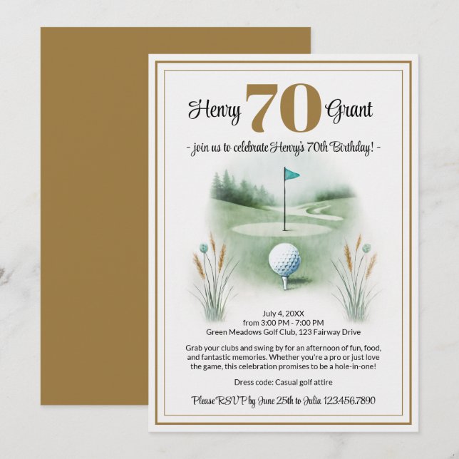 Unika 70-årsfirande inbjudningar - Golftema (Fram/baksida)