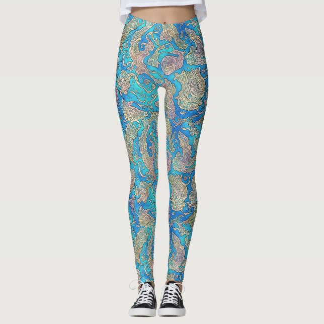 Unika Abstrakt Blå Turkos Marina Havsvågor Leggings (Framsida)