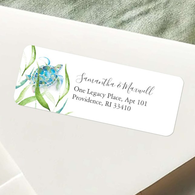 Unika adressetiketter med akvarellmotiv av havsskö returadress etikett (Florida beach return address labels watercolor sea turtle art Victoria Grigaliunas Do Tell A Belle)