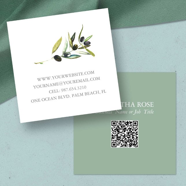 Unika Affärskort vattenfärg botaniska Fyrkantigt Visitkort (unique business cards watercolor botanical olive branch QR code)