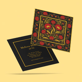 Unika botaniska rödblommor och Guld-typografi Fyrkantigt Visitkort