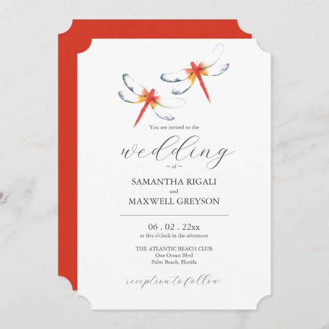Unika bröllopsinbjudan Red Dragonflies Inbjudningar (Fram/baksida)