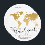 Unika gästkort för Bok-resekort Kort<br><div class="desc">Skapa ett unikt och roligt gästalternativ för bok för ett tema för möhippa eller ett bröllop på resmål som kärlek ska resa med de här resecheckarna för roligt som liknar en guld och vit glob för gästerna att markera sina favoritsemesterplatser och beskriva deras förslag på baksidan! Gästerna kommer att fylla...</div>