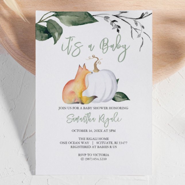 Unika inbjudningar till babykläder för vattenfärgs (Autumn-themed baby shower invites woodland fox and white pumpkin gender neutral)