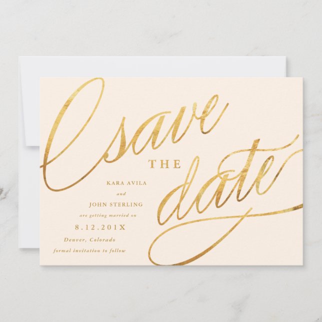 Unika moderna Save the Dates | Champagne & Guld Spara Datumet (Framsida)