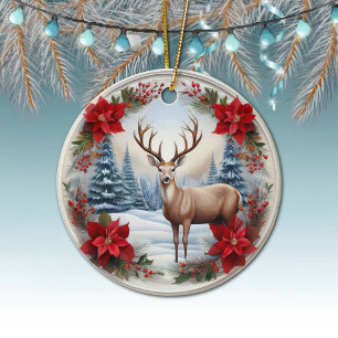 Unika renar, vinterpoängstar med julstjärnor, hjor julgransprydnad keramik
