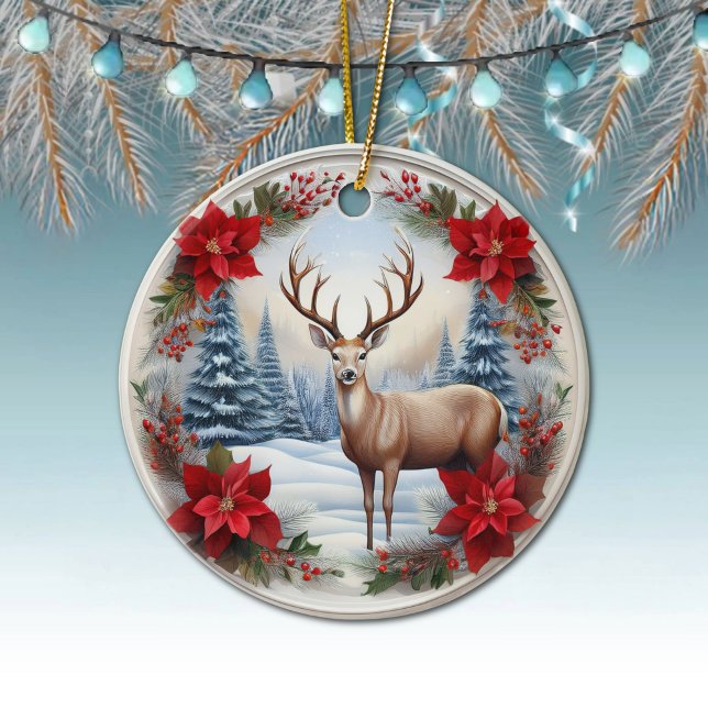 Unika renar, vinterscen Poinsettias, Hjort 🦌 Julgransprydnad Keramik (Reindeer, Deer Antlers, Floral Fawn, Doe, Poinsettia Flowers Winter Scene Ornament Front/Back 🦌🎄)
