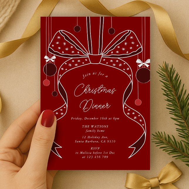 Unika röda bin och Rosett band Elegant jul Party Inbjudningar (elegant bow and ribbon Christmas party invitation red and white)