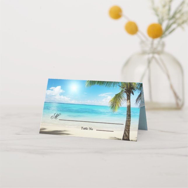 Unika trärån, Beach Flowers Bröllop Placeringskort (Framsida)