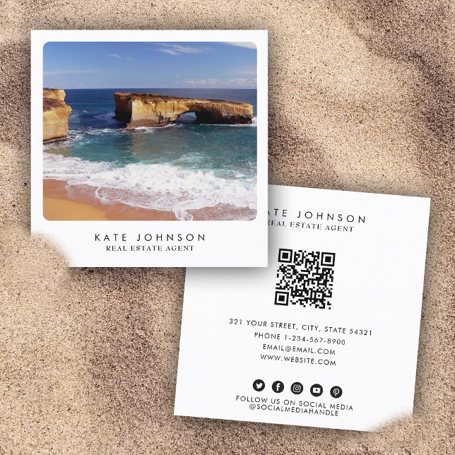 Unikt äkta Fullt-foto för Agent-stranden i Gods Fyrkantigt Visitkort (Unique Real Estate Agent Beach Ocean Full Photo Square Business Card)