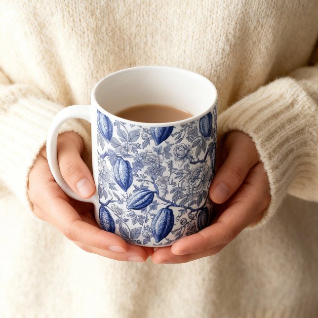 Unikt Blått Toile Kakao Chic Botaniskt Mönster Kaffemugg (Skapare uppladdad)
