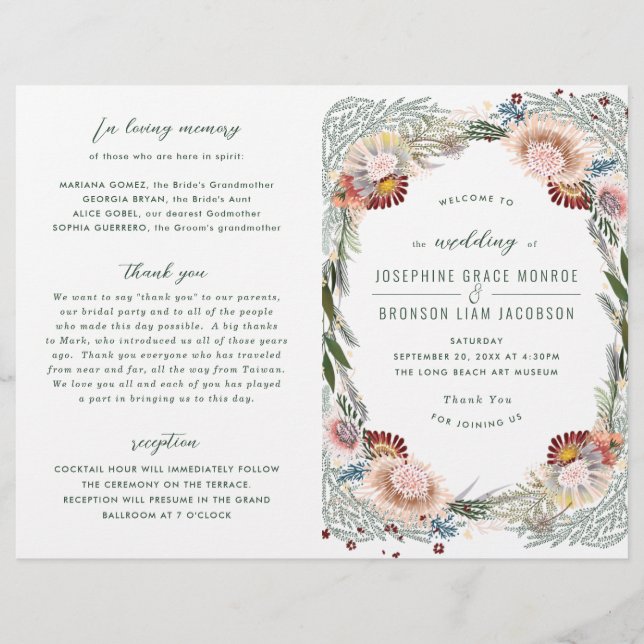 Unikt Boho-Bröllopsprogram för skisserade blommor (Framsida)