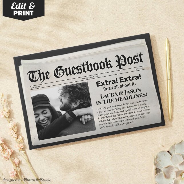 Unikt Bröllop Guestbook Black Newspaper Stil Gästböcker (Customizable Newspaper Wedding Guestbook)