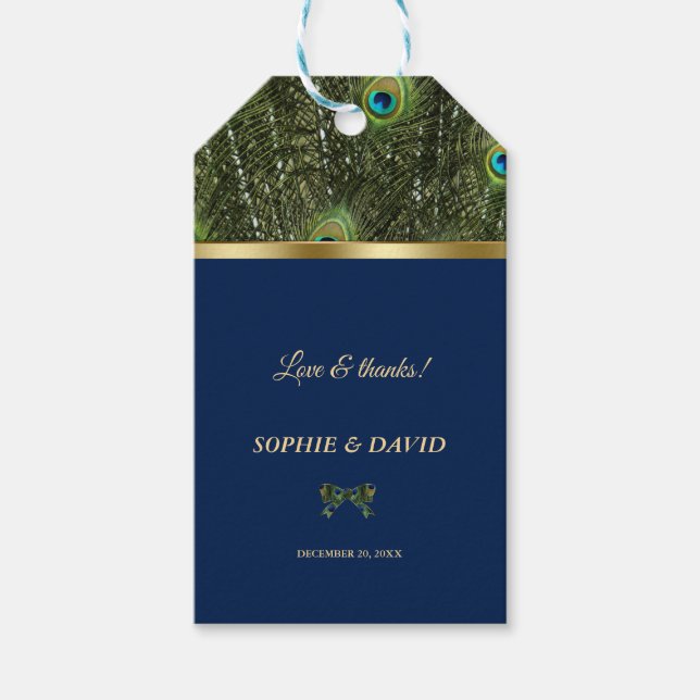Unikt bröllop med marinblå och guld påfågelsfjädra presentetikett (Framsidan)