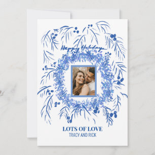Unikt Dusty Blue and White Photo Helgdag Card