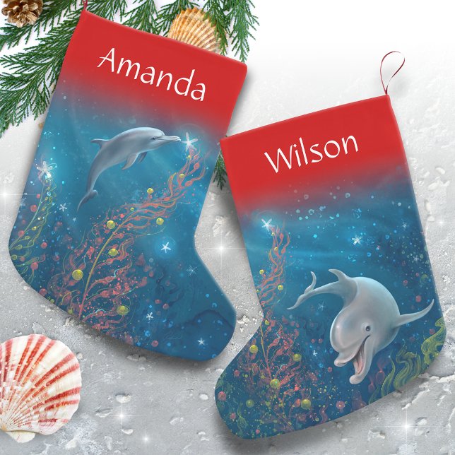 Unikt fack för magiskt delfiner, Namn Liten Julstrumpa (Add a custom name and easily change the top accent color on these unique dolphin Christmas stockings)