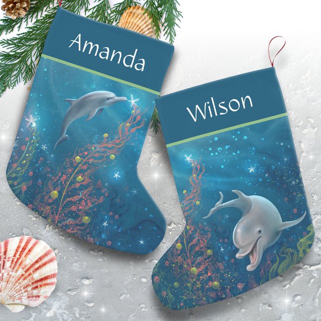 Unikt fack, temat Magic Dolphin Namn Liten Julstrumpa (Add your personalized name to these unique Dolphin Christmas Stockings.)