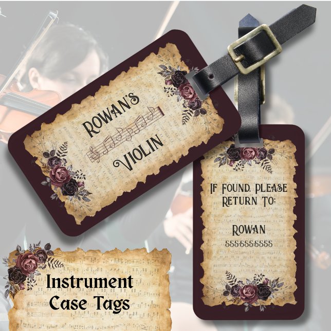 Unikt fiolinstrumentfodral märkning bagagebricka (School Orchestra Violin Case Tag: Personalized design template featuring a vintage music staff.)