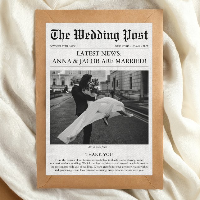 Unikt foto Bröllop i dagstidning Tack Kort (Newspaper Wedding Photo Thank You Card)