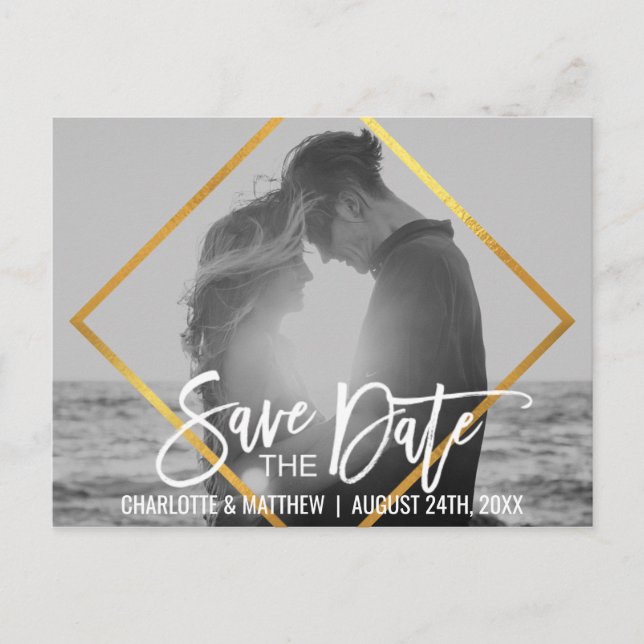 Unikt guld skrivar bröllop spara datum med FOTOET Meddelande Vykort (Framsida)