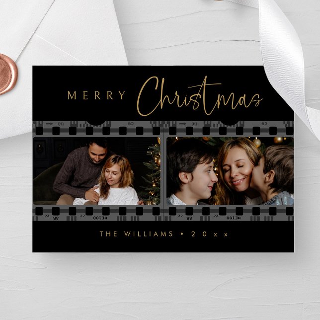 Unikt julfoto för svart och Guld Julkort (Personalized Unique Black and Gold Christmas Photo Holiday Card)