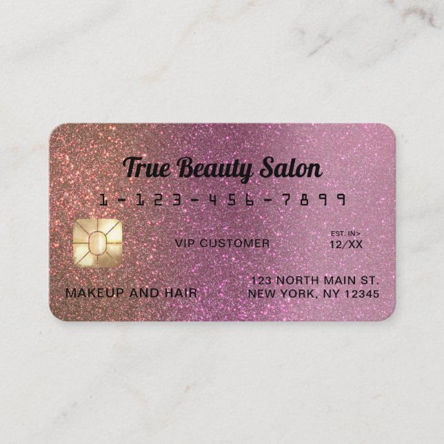 Unikt kort för Sparkly Guld Rosa Glitter Kredit (Framsida)