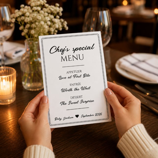 Unikt menykort för graviditetsannonsering med chef meddelande (Unique Chef's Special Menu Pregnancy Announcement)