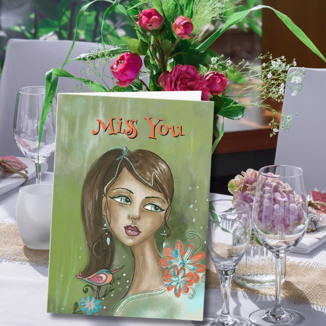 Unikt "Miss You"-kort med Blommigt Girl & Bird Kort (Unique "Miss You" Card with Floral Girl & Bird)