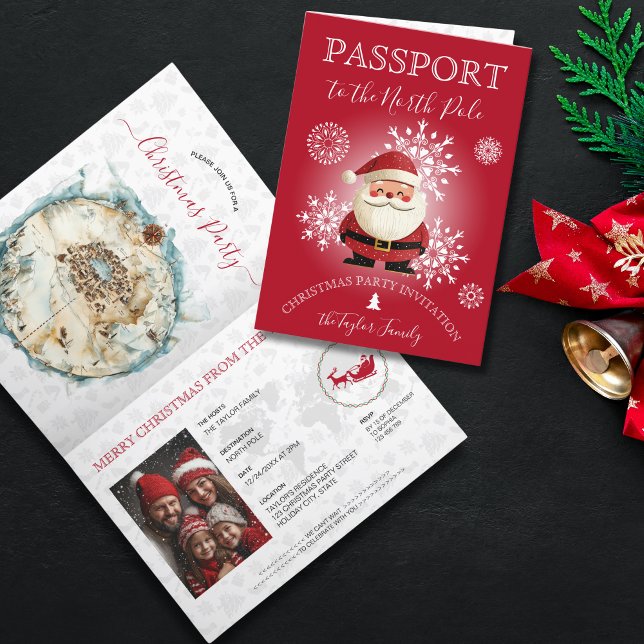 Unikt Modern North Pole-pass Party Inbjudan (christmas passport invitation, red cover with snowflakes and santa illustration)
