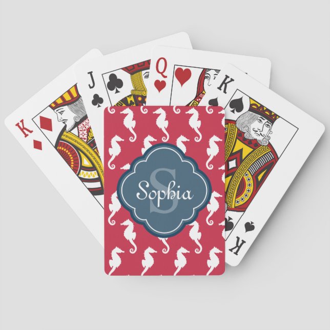 Unikt röd sjöhäst Mönster Blue Monogram Casinokort (Baksidan)