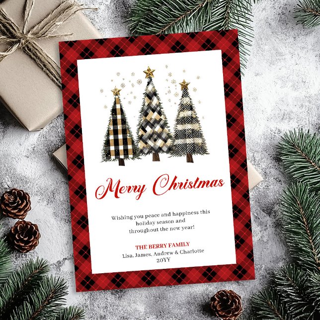Unikt rött svart rutigt julgran leopardkort julkort (Unique Red Black Plaid Christmas Tree Leopard Card)