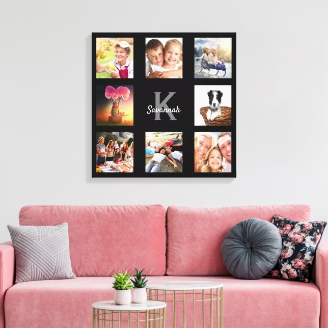 Unikt svart fotokollage med familjemonogram canvastryck (Insitu (Vardagsrum))
