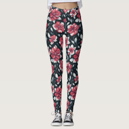 Unikt Vintage Retro Rött Och Svart Blommönster Leggings