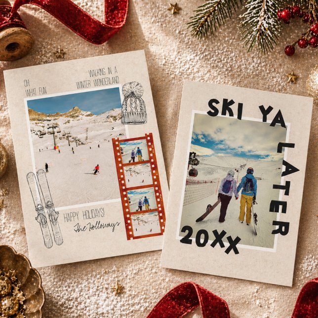 Unikt vinter jul tema foto julkort (Ski Theme Unique Winter Christmas Photo Holiday Card)