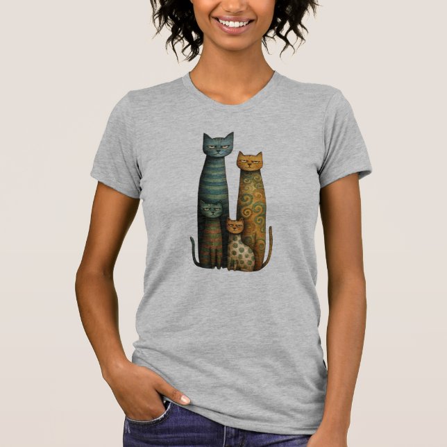 Unimpressed Folk Art Cat Family Design T Shirt (Framsida)