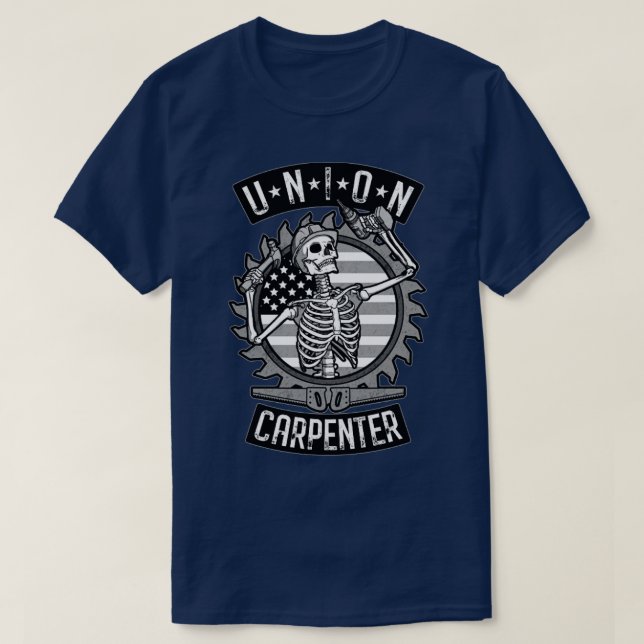 Union Carpenter Skeleton USA flagga Woodworkers Go T Shirt (Design framsida)